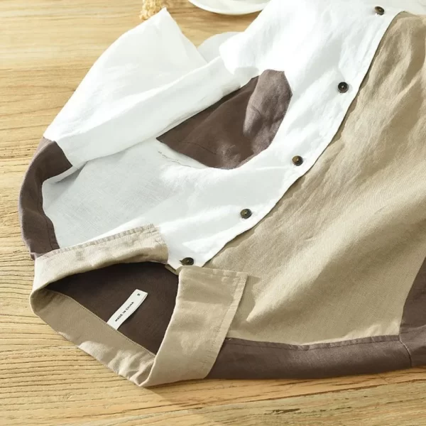 Camisa masculina, manga curta de linho patchwork, casual streetwear, respire roupas estilo japonês - Image 4