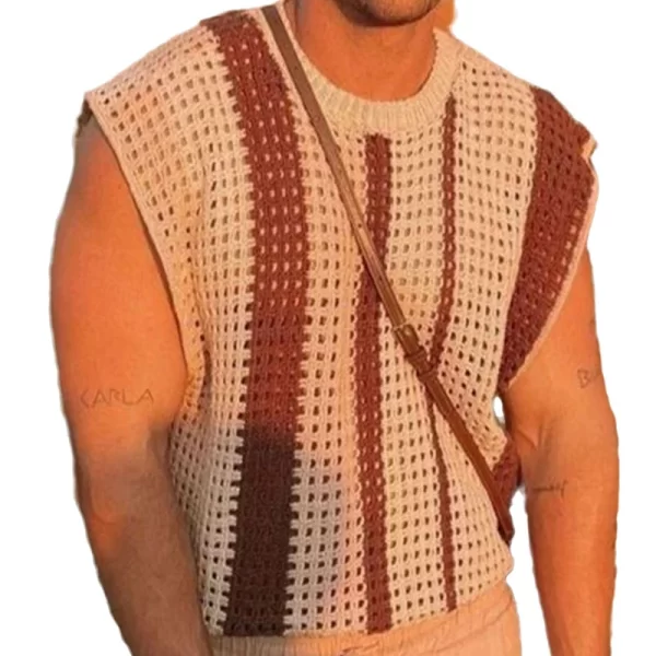 Camiseta Regata masculina de malha respirável oca, colete de malha jacquard listrado,  vintage, sem mangas, moda casual, verão - Image 6