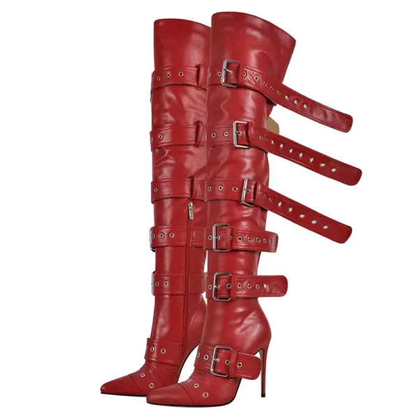 Botas vermelhas sobre o joelho unissex, lgbtqia+, botas agulha alta para coxa, dedo apontado, alça de fivela, salto alto fino, zíper. - Image 9