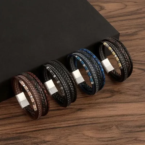 Pulseira masculina frisada de couro multicamadas, jóias clássicas, nova moda, 19 cm, 21 cm, 23cm. - Image 6