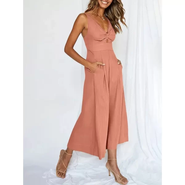 Macacão de cintura alta com decote em v feminino, sem costas, oco, sem mangas, elegante, perna larga, sexy, novo. - Image 2
