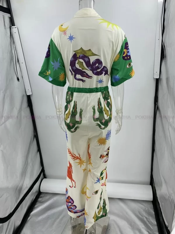 Macacão CIL com gola polo feminino,  chique solta, gráfico estampado vintage, manga curta, calça comprida casual com cordão, elegante. - Image 2