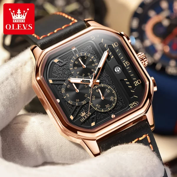 Relógio de pulso quartzo masculino, OLEVS-com Pulseira de Couro, Cronógrafo, Relógio, Impermeável, Luminoso, Mostrador, Vestido, 42mm - Image 4