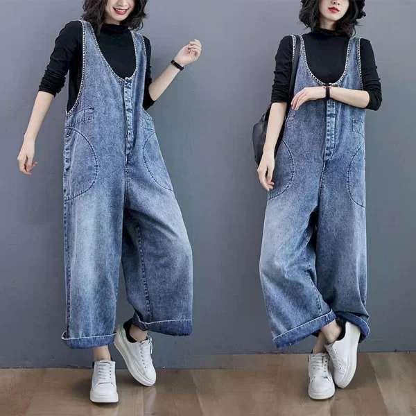 Macacão jeans grandes feminino,  sólidos, cintura alta, calças de perna larga, solto, roupa de uma peça, verão. - Image 5