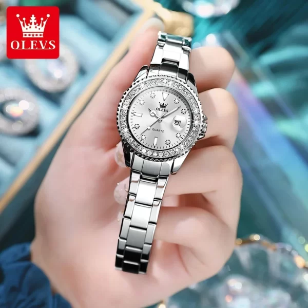 Relógio de pulso feminino, OLEVS Original Diamond Dial Quartz Watch, Moda Elegante,  De Aço Inoxidável À Prova D 'Água. - Image 4
