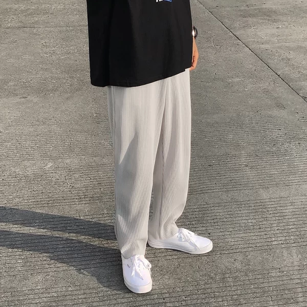 Calça casual de seda gelada masculina, streetwear, solta plissada, monocromática, moda coreana, verão. - Image 2