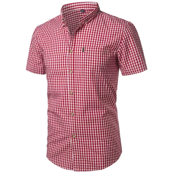 Camisa masculina, manga curta,  xadrez pequenas vermelhas, de algodão, com botão, casual, verão. - Image 2