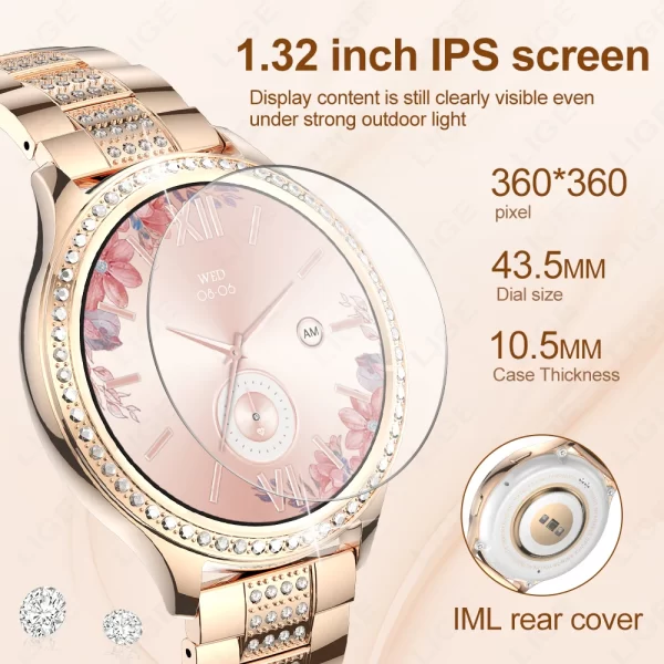 Relógio de pulso feminino, LIGE-Smartwatch, 1.32 ", Chamada Bluetooth, Assistente de Voz AI, Relógios Femininos, Relógio Personalizado, Monitor de Saúde - Image 3