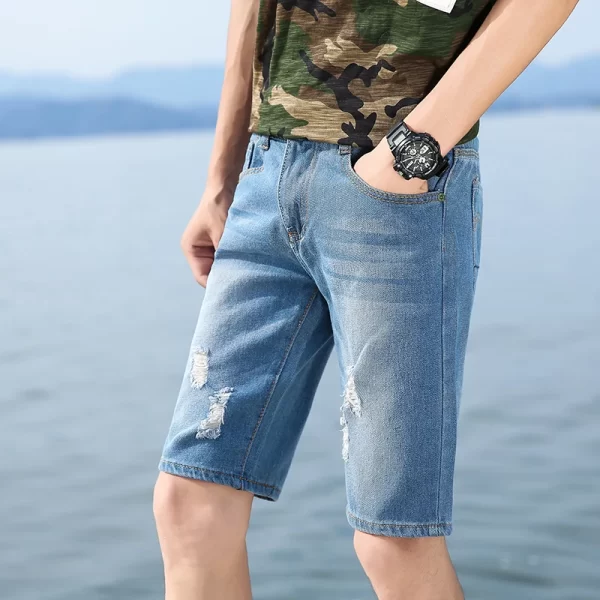 Bermuda jeans retos rasgados masulina, de trabalho casual, roupas masculinas, sem cinto, moda, verão - Image 5