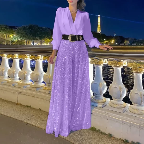 Macacão de lantejoulas monocromático de manga comprida feminino, decote em v, cintura alta, fino, elegante, chique, festa noturna, primavera, outono, nova moda - Image 8