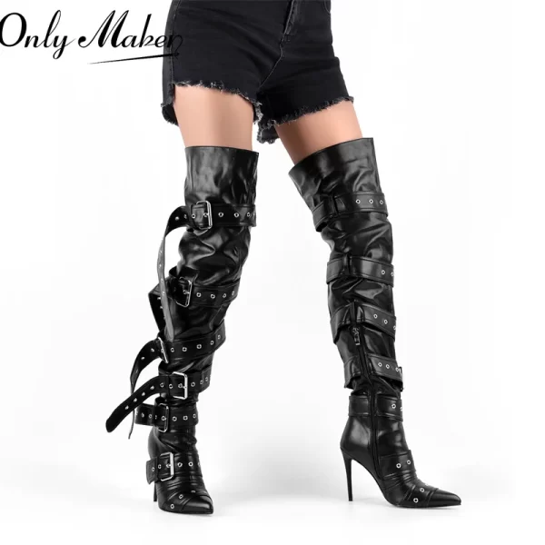 Botas vermelhas sobre o joelho unissex, lgbtqia+, botas agulha alta para coxa, dedo apontado, alça de fivela, salto alto fino, zíper. - Image 4