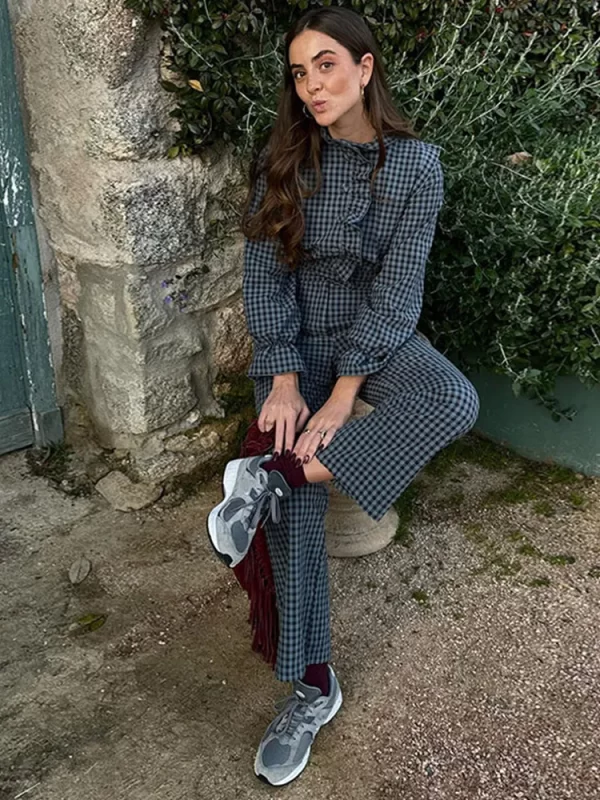 Macacão xadrez, elegante, feminino, de babados, manga longa, meia gola alta, camisa de peito único, calça reta, bolso. - Image 2