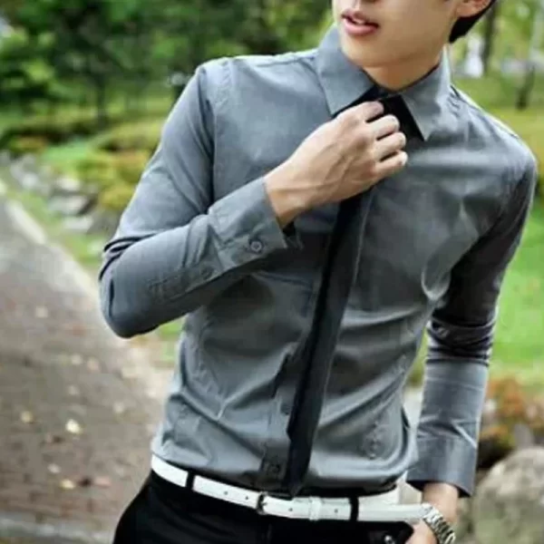 Camisa masculina manga longa, casual, justa, camisas sociais, tops monocromáticos, preto e branco, verão. - Image 2