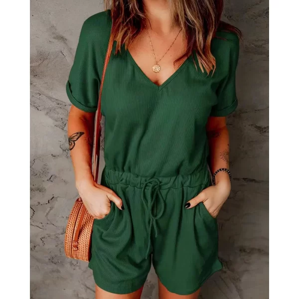 Macacão com bolsos feminino, com bolsos, decote em v, manga curta, shorts casuais, calça jogger, verão. - Image 5