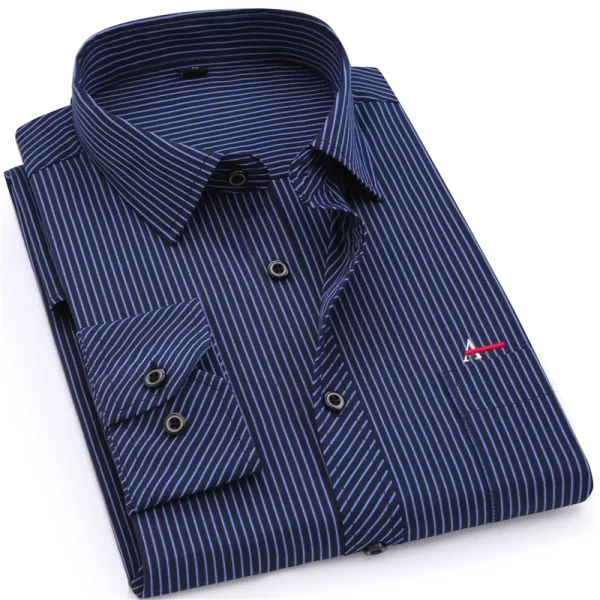 Camisa masculina listrada manga longa, Roupa de marca, Slim Fit, Bolso, Casual, Verão. - Image 3