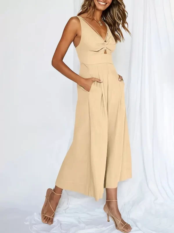 Macacão de cintura alta com decote em v feminino, sem costas, oco, sem mangas, elegante, perna larga, sexy, novo. - Image 9