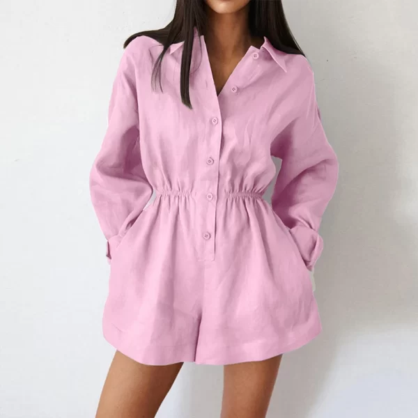 Macacão curto de algodão feminino, gola virada para baixo, de botão, manga comprida, de bolso, monocromático, casual e simples, outono e primavera. - Image 4