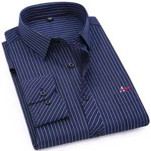 Camisa masculina listrada manga longa, Roupa de marca, Slim Fit, Bolso, Casual, Verão.