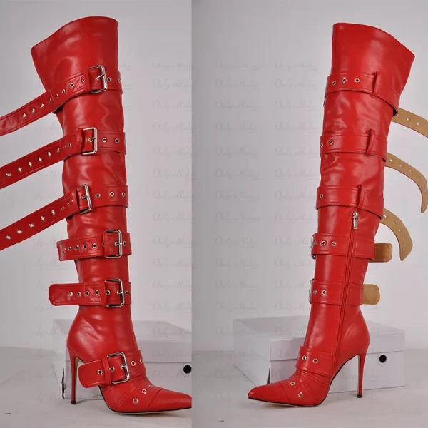 Botas vermelhas sobre o joelho unissex, lgbtqia+, botas agulha alta para coxa, dedo apontado, alça de fivela, salto alto fino, zíper. - Image 3