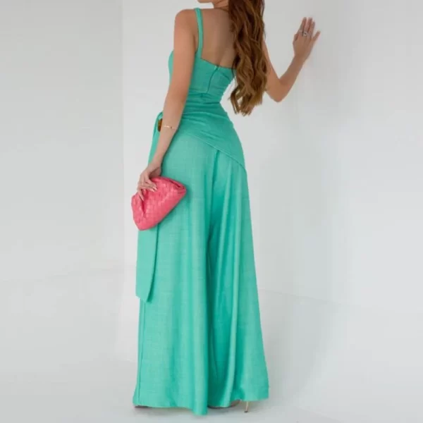 Macacão longo com cadarço de cintura feminino, elegante sem mangas, monocromático de festa,  casual solto, moda, verão. - Image 3