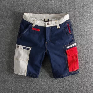 Bermuda masculina, verão, novo americano retro carga, contraste costura multi-bolso lavado, peso pesado, casual cinco pontos.