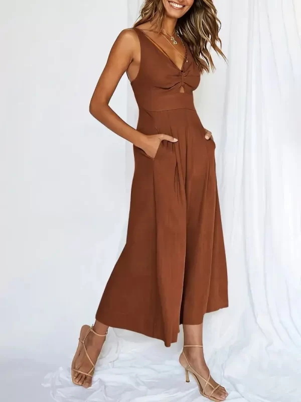 Macacão de cintura alta com decote em v feminino, sem costas, oco, sem mangas, elegante, perna larga, sexy, novo. - Image 12