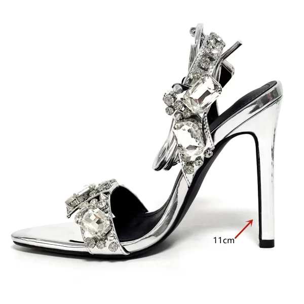 Sapato feminino salto alto, de strass pontudo, rebite dourado, sandálias finas, europeu e americano, sapatos grandes, moda verão, 11cm, novo. - Image 12