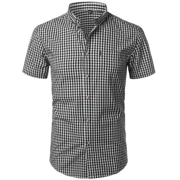 Camisa masculina, manga curta,  xadrez pequenas vermelhas, de algodão, com botão, casual, verão. - Image 10