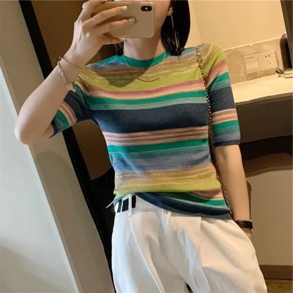 Camiseta, Pulôver de malha listrada feminino, camisola moderna, tops de crochê, em promoção, tendência, novo. - Image 2