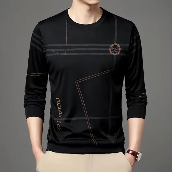 Camiseta de manga comprida com estampa vintage solta masculina, tops básicos de negócios, casual, roupas básicas de streetwear, moda primavera e outono. - Image 4
