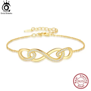 Pulseira infinita feminina, Orsa Jewels, Ouro 14K, Prata Esterlina 925, Símbolo de Amor Infinito, Joia Ajustável, SB179