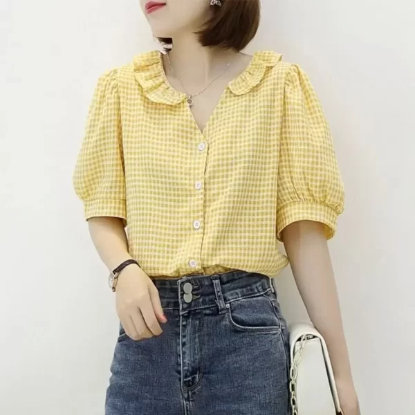 Camisa feminina manga curta xadrez preta xadrez preta, tops,  elegantes, bonita. - Image 2