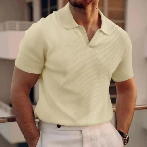 Camiseta polo respirável de manga curta masculina, waffle, confortável, casual, monocromático, pulôver de lapela, primavera, moda verão.
