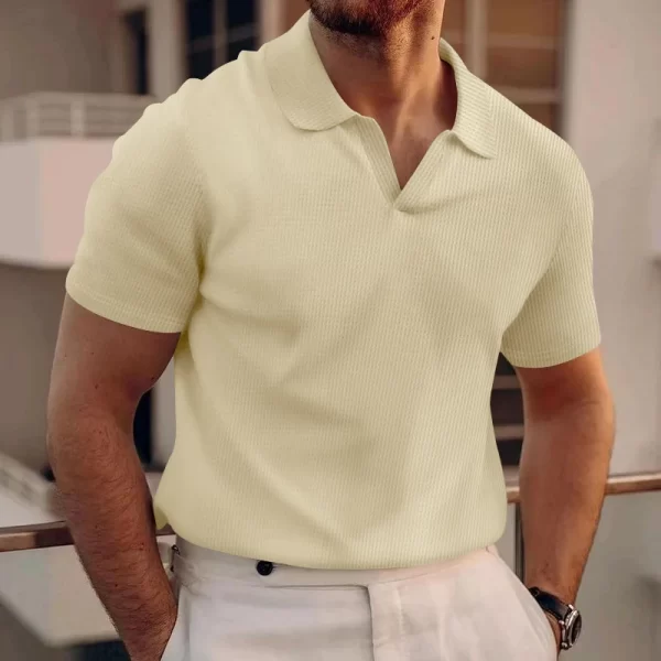Camiseta polo respirável de manga curta masculina, waffle, confortável, casual, monocromático, pulôver de lapela, primavera, moda verão.