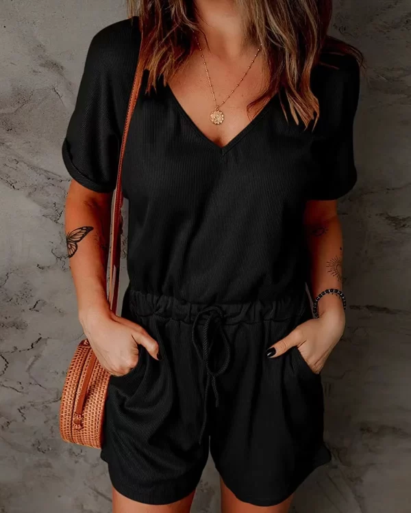 Macacão com bolsos feminino, com bolsos, decote em v, manga curta, shorts casuais, calça jogger, verão. - Image 11
