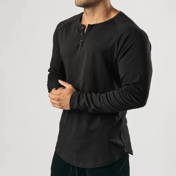 Camiseta manga longa masculina, de botão Henley casual, gola V,  de cor sólida, tops. - Image 2
