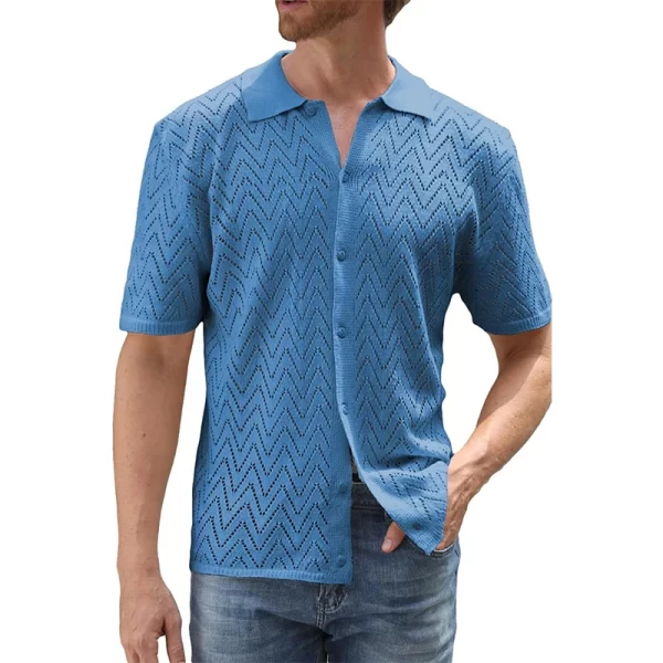 Camisa masculina, manga curta, de malha oca casual respirável, lapela abotoada, de praia, primavera, verão, cor sólida. - Image 10