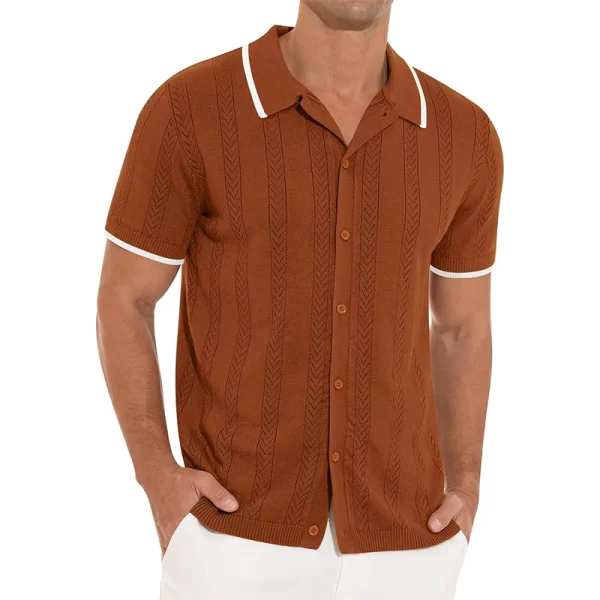 Camisa masculina, manga curta, de malha de lapela de botão, cardigans vintage retalhados, respirável, oca, casual, praia, verão. - Image 2