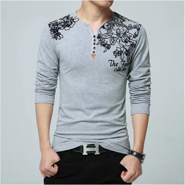 Camiseta manga longa masculina, com estampa floral, colar Henry, botão decora, tops masculinos, plus size, 5XL, moda outono. - Image 11