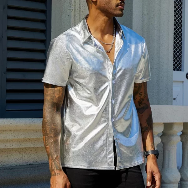 Camisa masculina, manga curta com botão e lapela brilhante, tops monocromáticos, de boate, moda festa, verão. - Image 2
