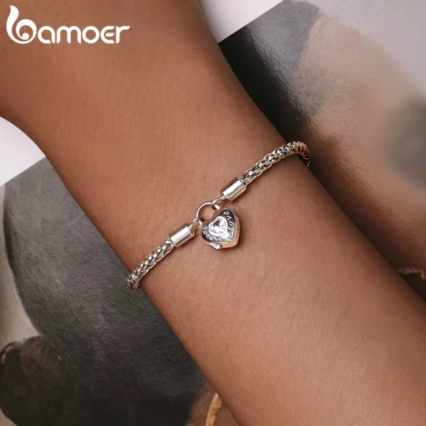 Pulseira básica de prata esterlina feminina, Bamoer, Bloqueio do Coração, Amor Para Sempre, Cadeia Chapeada, Platina, Presente Elegante, Joias Finas - Image 4