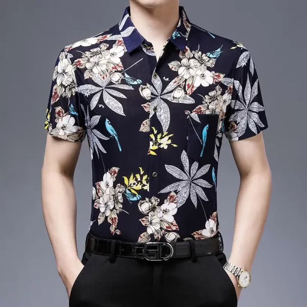 Camisa masculina, manga curta, Streetwear, Camisas Floral Pretas Y2k Verão Secagem Rápida Nuvem Sorte Novo Feriado Casual Lapela Loose Top. - Image 7