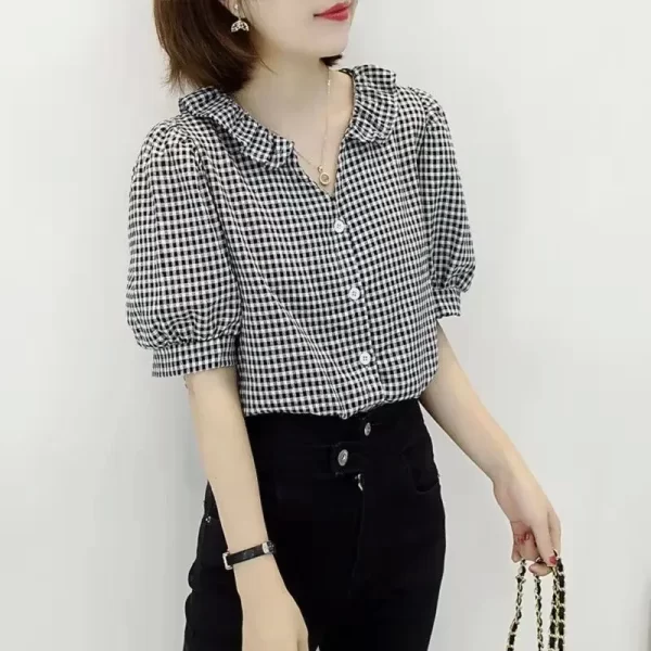 Camisa feminina manga curta xadrez preta xadrez preta, tops,  elegantes, bonita. - Image 8