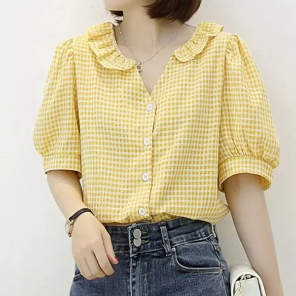 Camisa feminina manga curta xadrez preta xadrez preta, tops,  elegantes, bonita. - Image 4