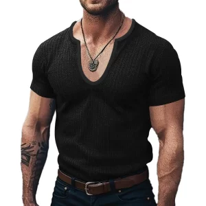 Camiseta masculina manga curta, respirável, casual, pulôver fino sólido,  com decote em U, roupa de verão, novo estilo, moda.