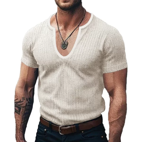 Camiseta masculina manga curta, respirável, casual, pulôver fino sólido,  com decote em U, roupa de verão, novo estilo, moda. - Image 6