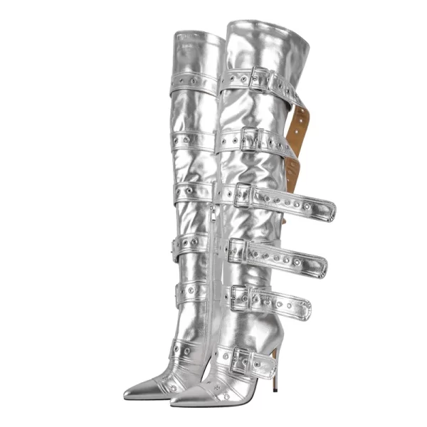 Botas vermelhas sobre o joelho unissex, lgbtqia+, botas agulha alta para coxa, dedo apontado, alça de fivela, salto alto fino, zíper. - Image 11