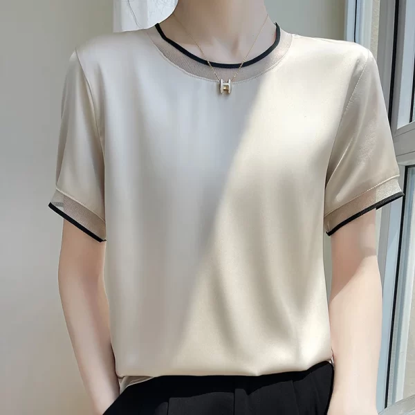 Camiseta manga curta feminina, verão nova, em torno do pescoço pulôver moda malha de cetim na altura do joelho saia cor sólida fina. - Image 7