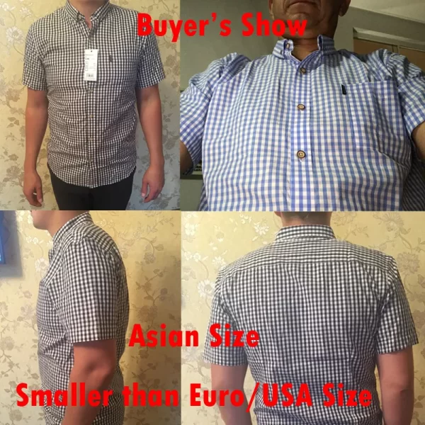 Camisa masculina, manga curta,  xadrez pequenas vermelhas, de algodão, com botão, casual, verão. - Image 3