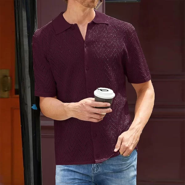 Camisa masculina, manga curta, de malha oca casual respirável, lapela abotoada, de praia, primavera, verão, cor sólida. - Image 2